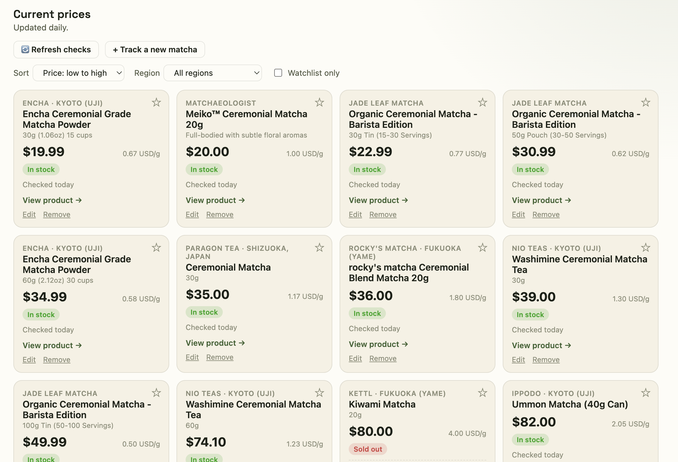 Dashboard listing ceremonial matcha prices across vendors