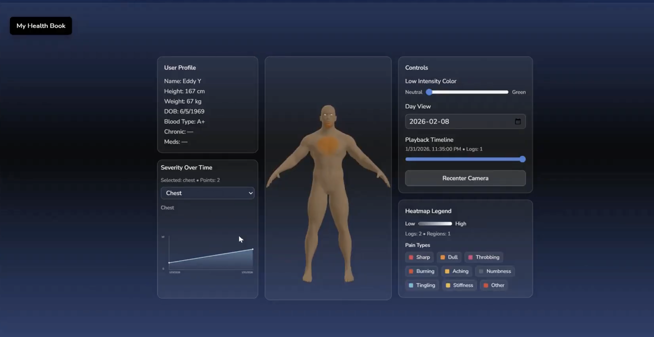 3D body model with a pain heatmap and severity-over-time chart