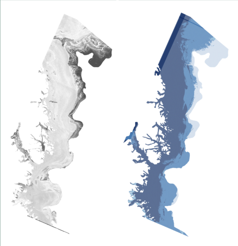 Side-by-side satellite imagery and classified sea ice zone map