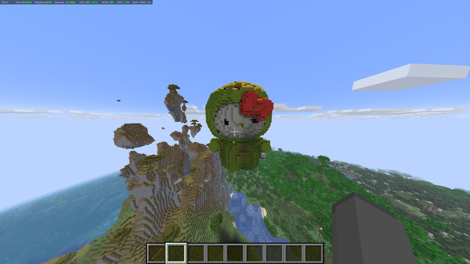 A giant voxel sculpture built into a Minecraft landscape
